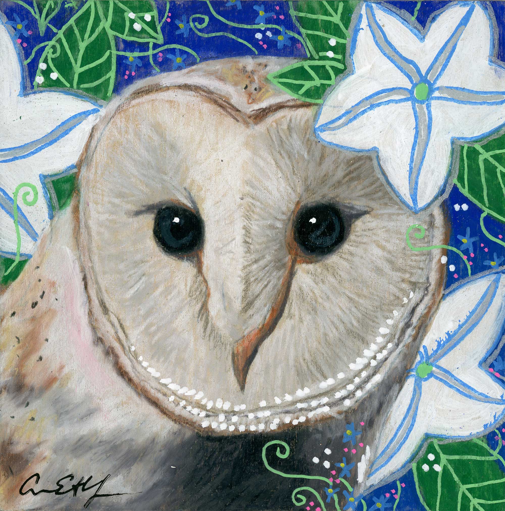 SOLD - "Barn Owl in Moon Flowers", 4" x4", mixed media