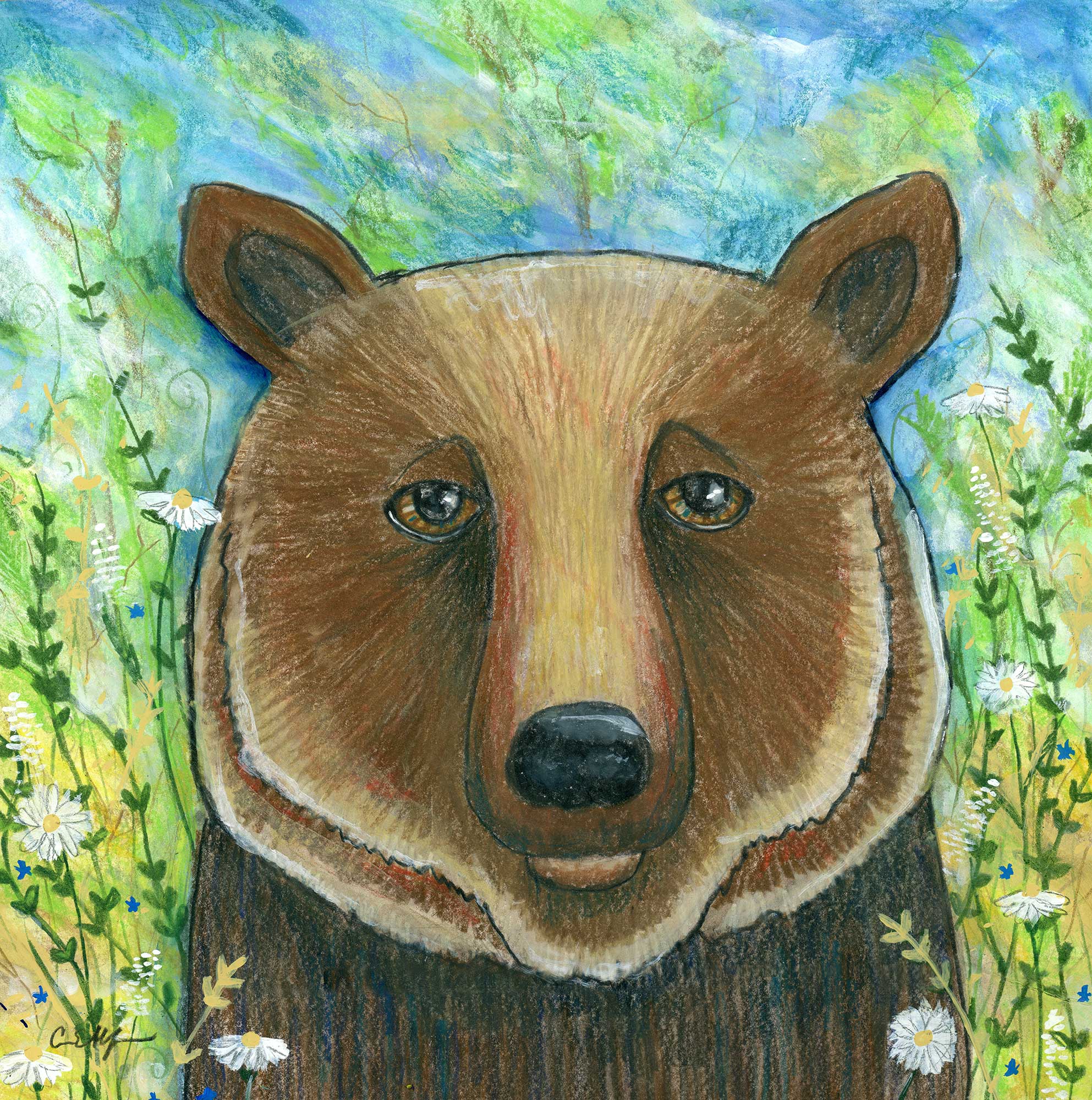 SOLD - "Bear in Flowers", 12" x 12", mixed media