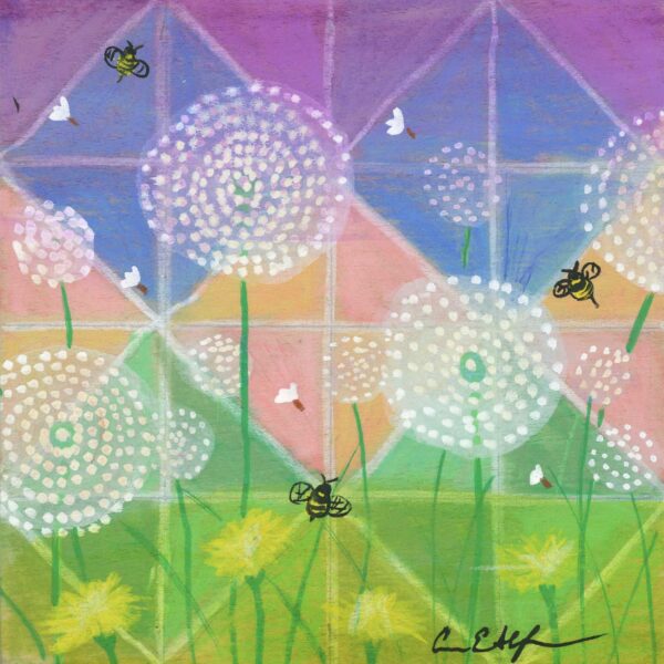 "Bees and Dandelions", 4" x4", mixed media
