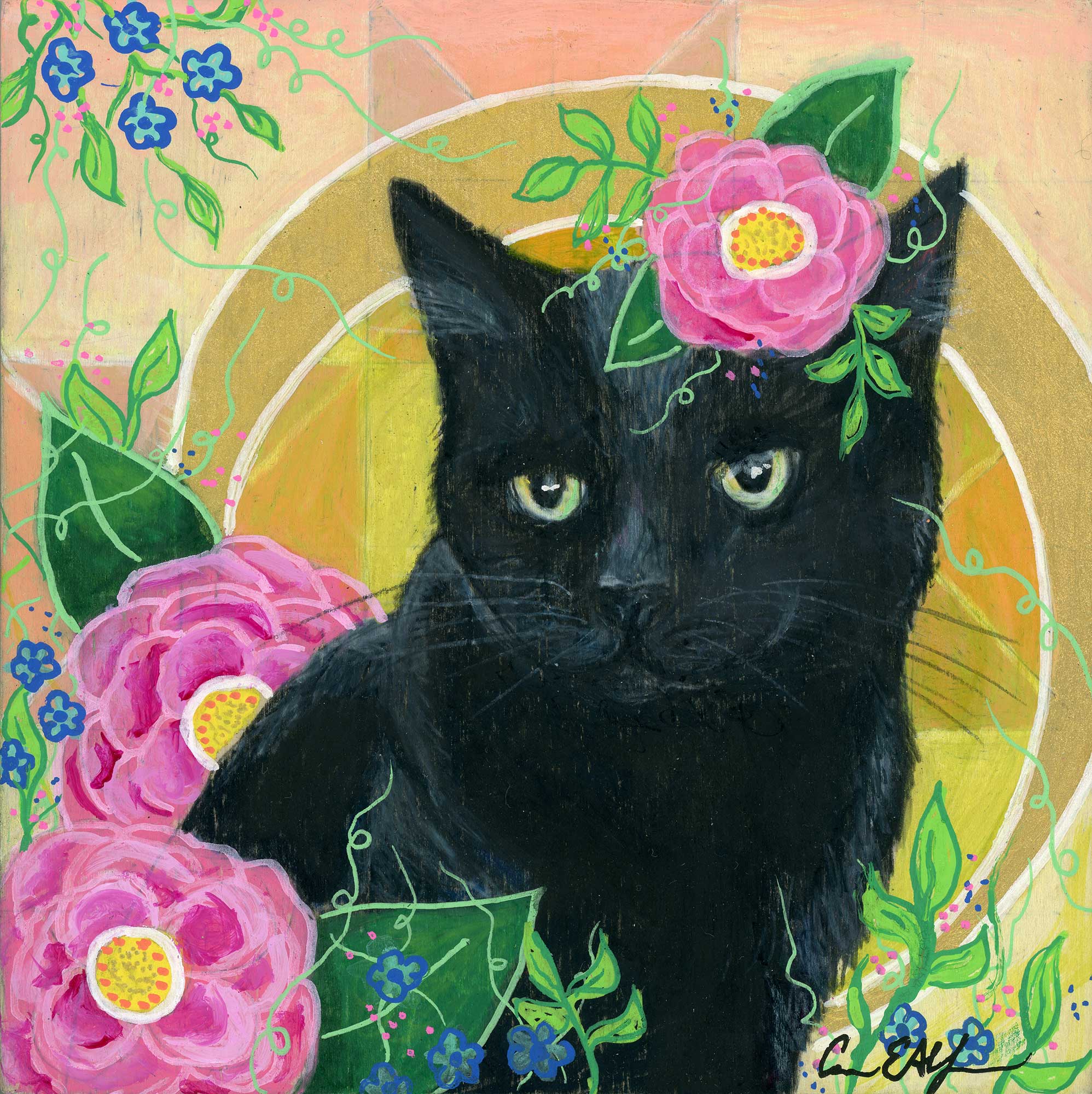 SOLD - "Black Cat and Camellias", 6" x 6", mixed media