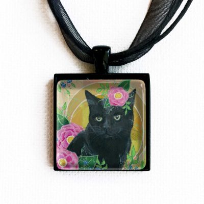 Black Cat in Camellias - Pendant