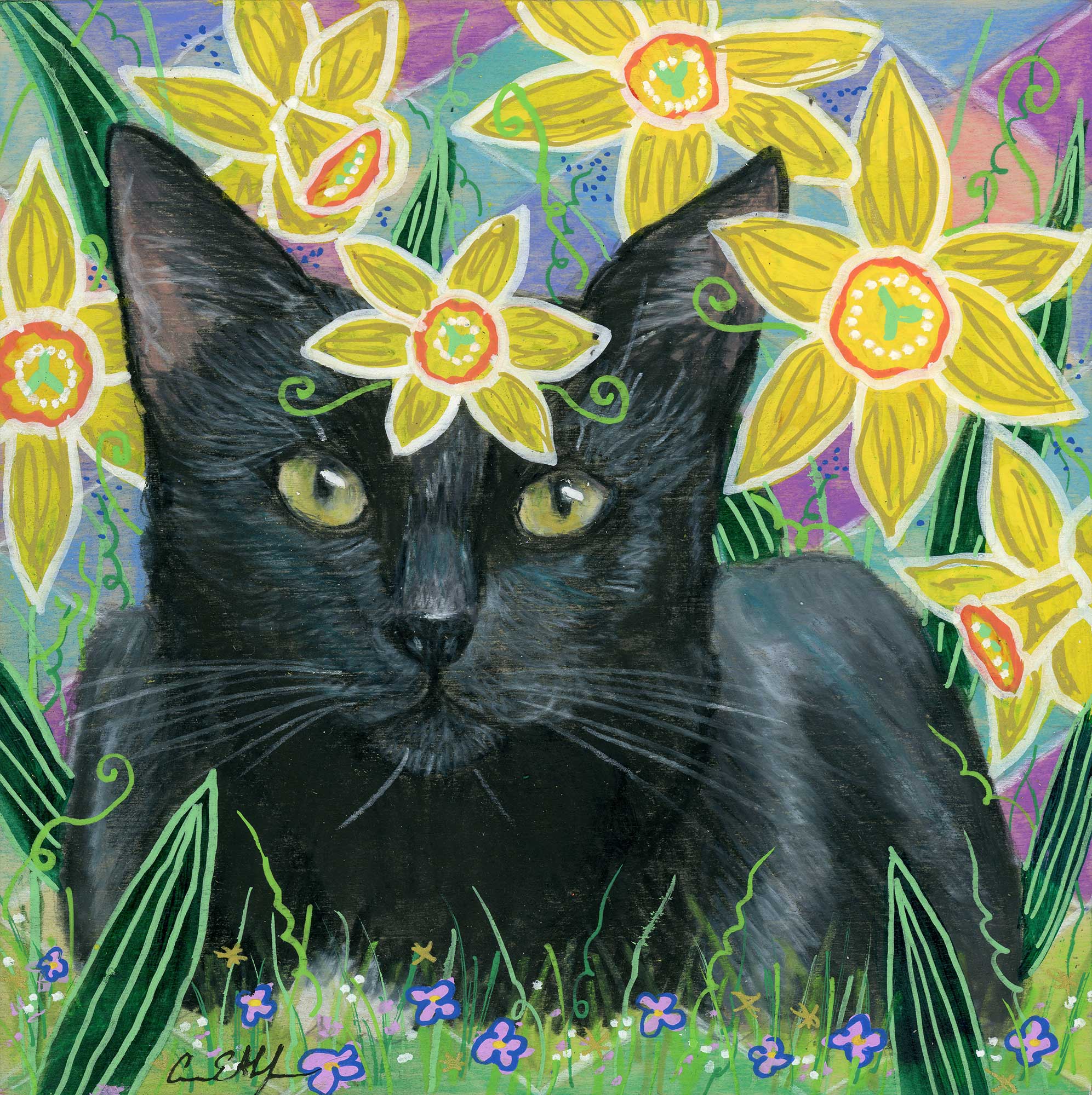 SOLD - "Black Cat in Daffodils", 6" x 6", mixed media