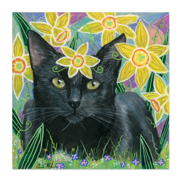 Black Cat in Daffodils - Art Print