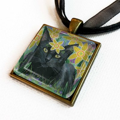 Black Cat in Daffodils - Pendant