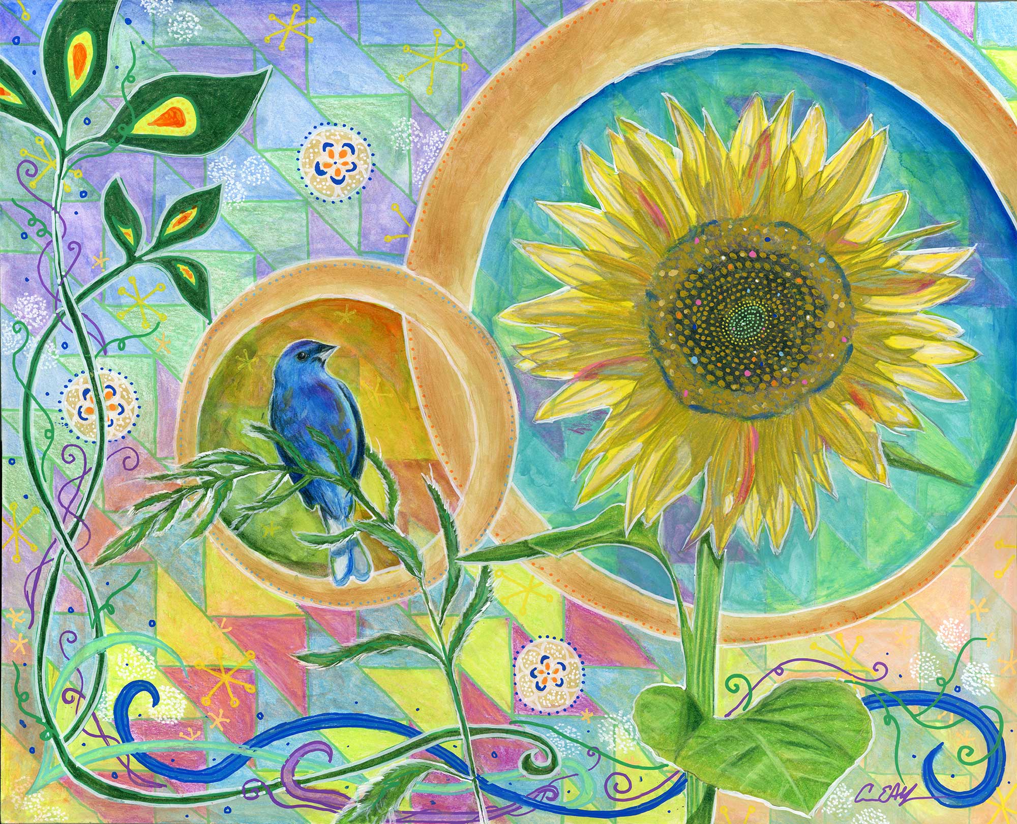 "Blue Bunting and Sunflower", 20" x 16", mixed media