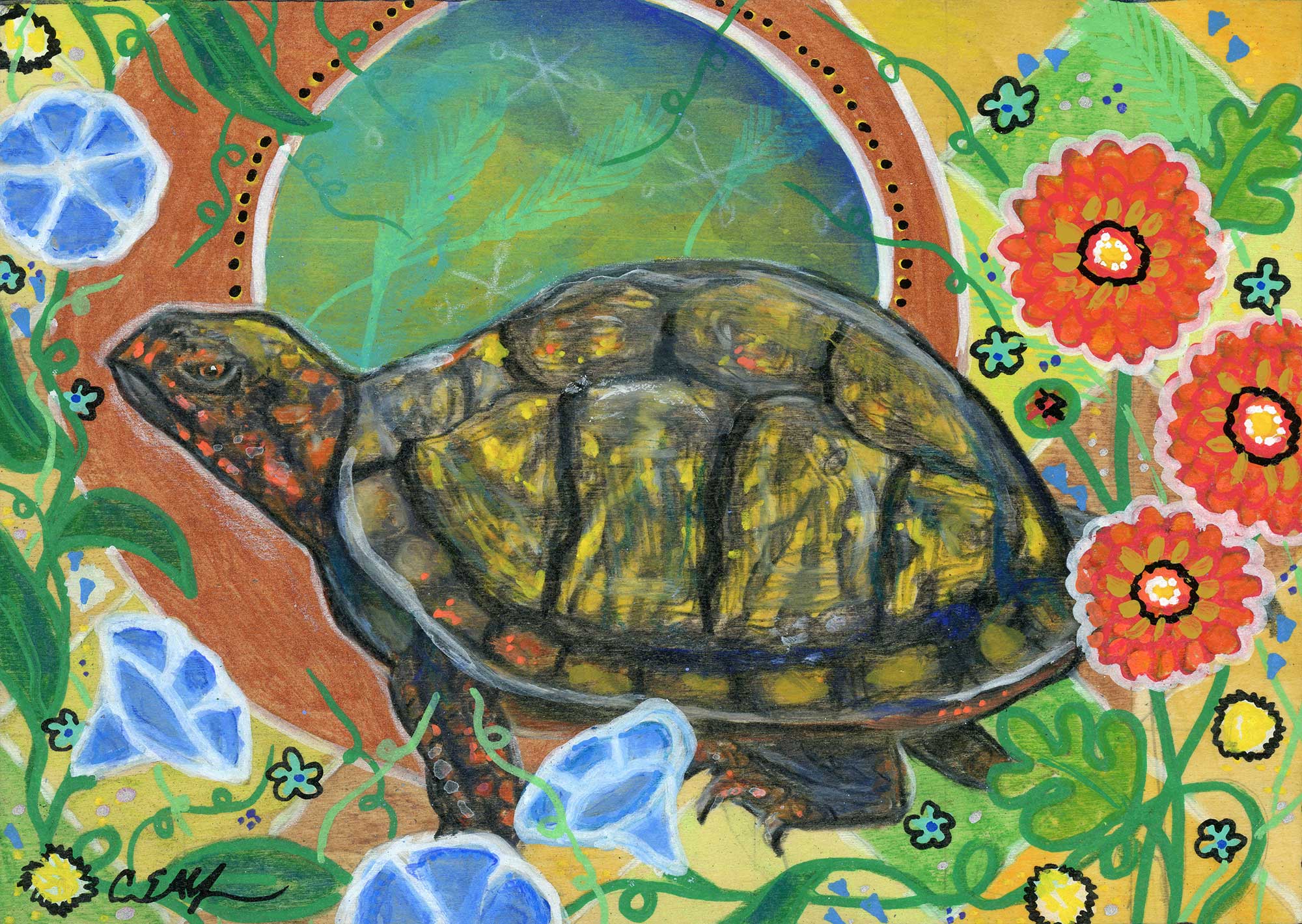 SOLD - "Box Turtle", 7" x 5", mixed media