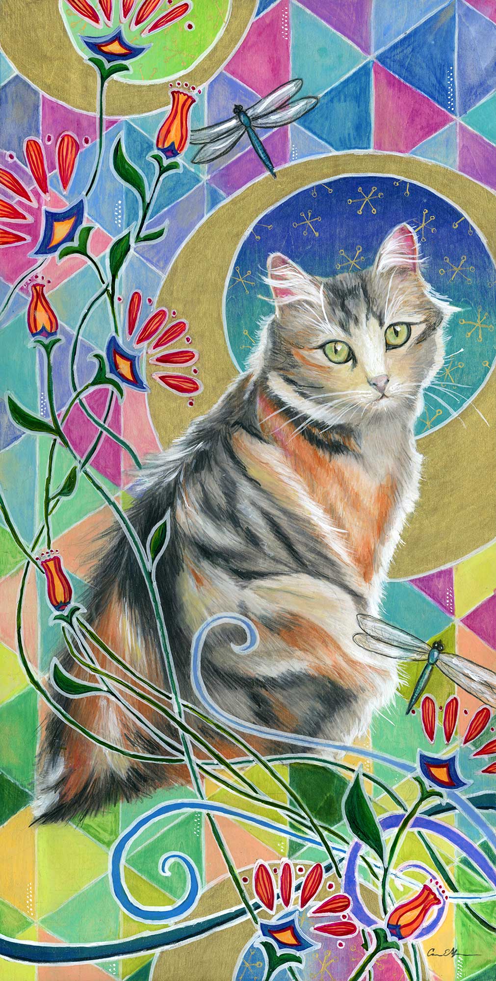 SOLD - "Calico and Dragonflies", 12" x 24", mixed media