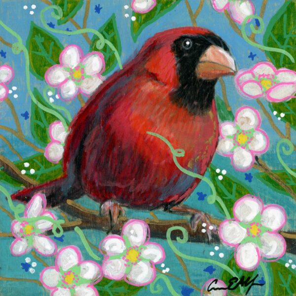"Cardinal in Apple Blossoms", 4" x4", mixed media 