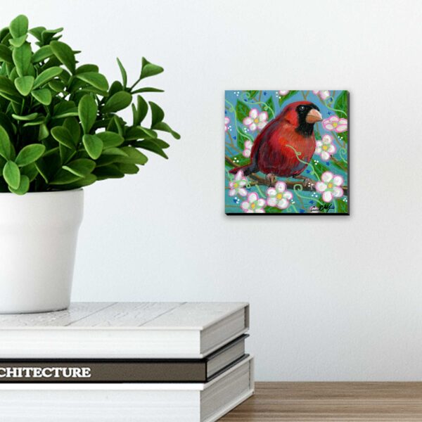 "Cardinal in Apple Blossoms", 4" x4", mixed media 