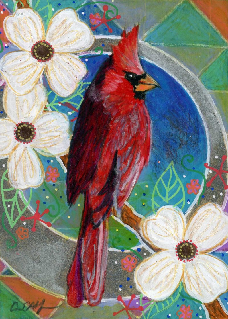 SOLD - "Cardinal in Dogwoods", 5" x 7", mixed media