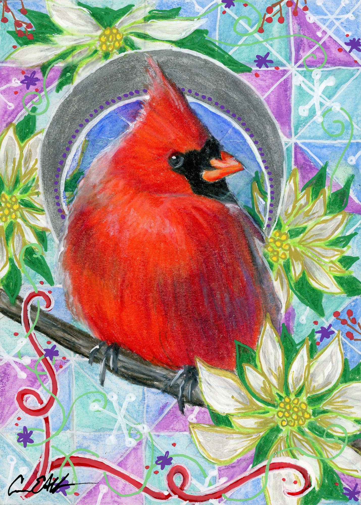 SOLD - "Cardinal in White Poinsettias", 5" x 7", mixed media