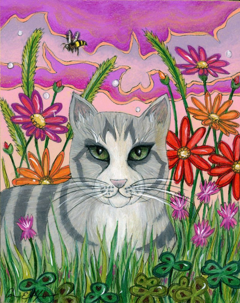 SOLD - "Cat in the Clover", 8" x 10", mixed media
