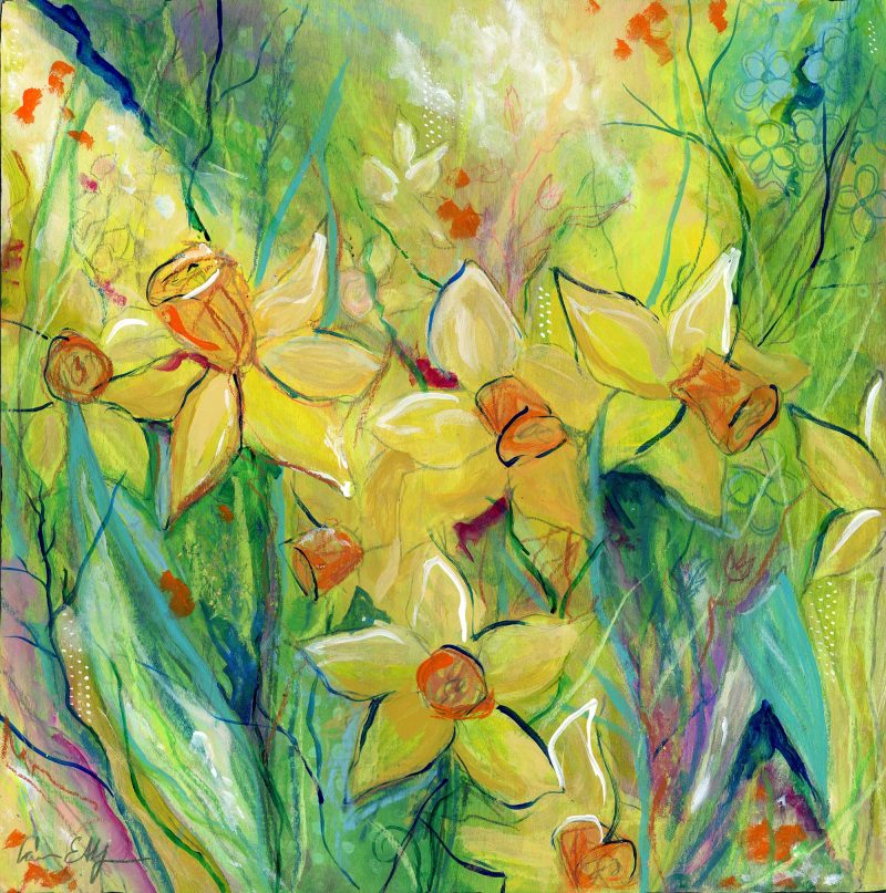 SOLD - "Dancing Daffodils", 12" x 12", mixed media