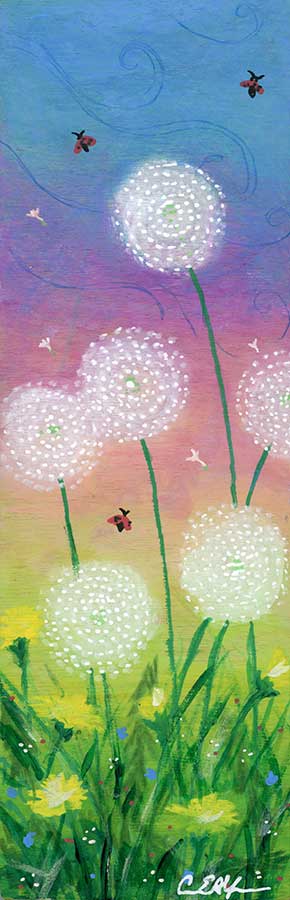 SOLD - "Dandelions and Ladybugs", 3" x 9", mixed media