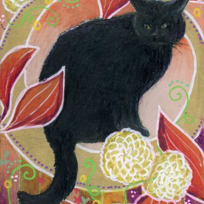 "Fall Black Cat", 5" x 7", mixed media

