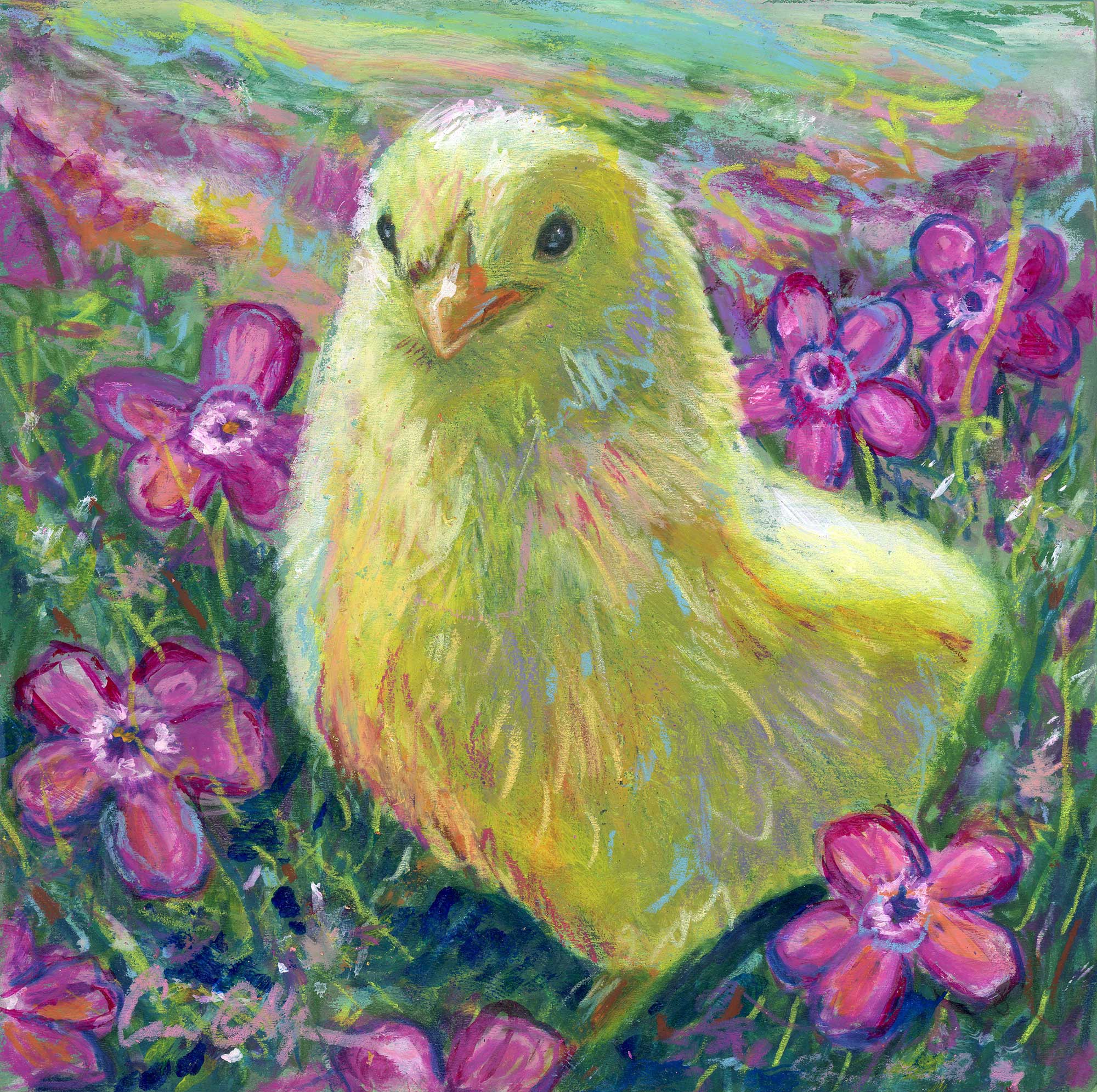 SOLD - "Flower Chick", 6" x 6", mixed media