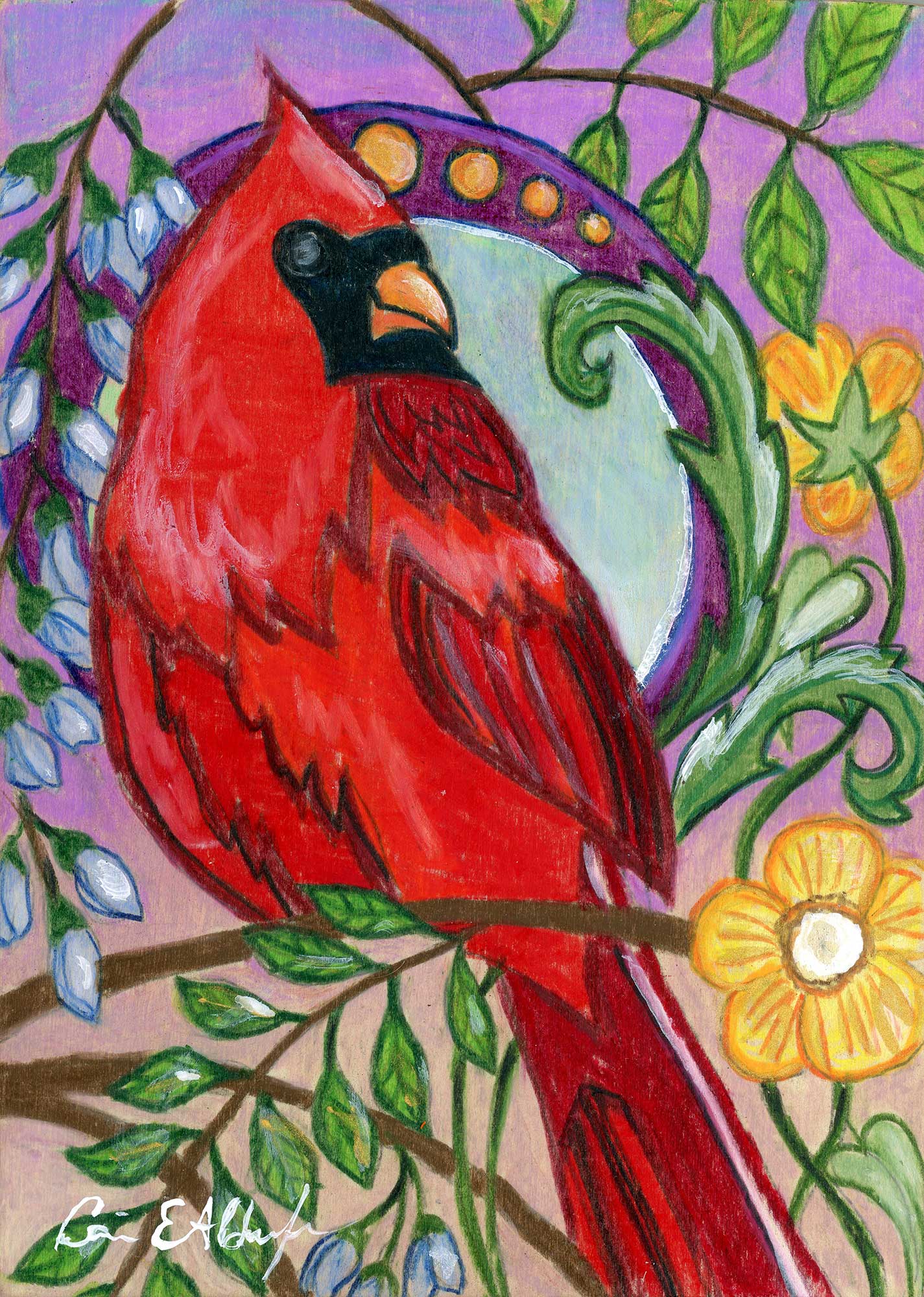 SOLD - "Garden Cardinal", 5" x 7", mixed media
