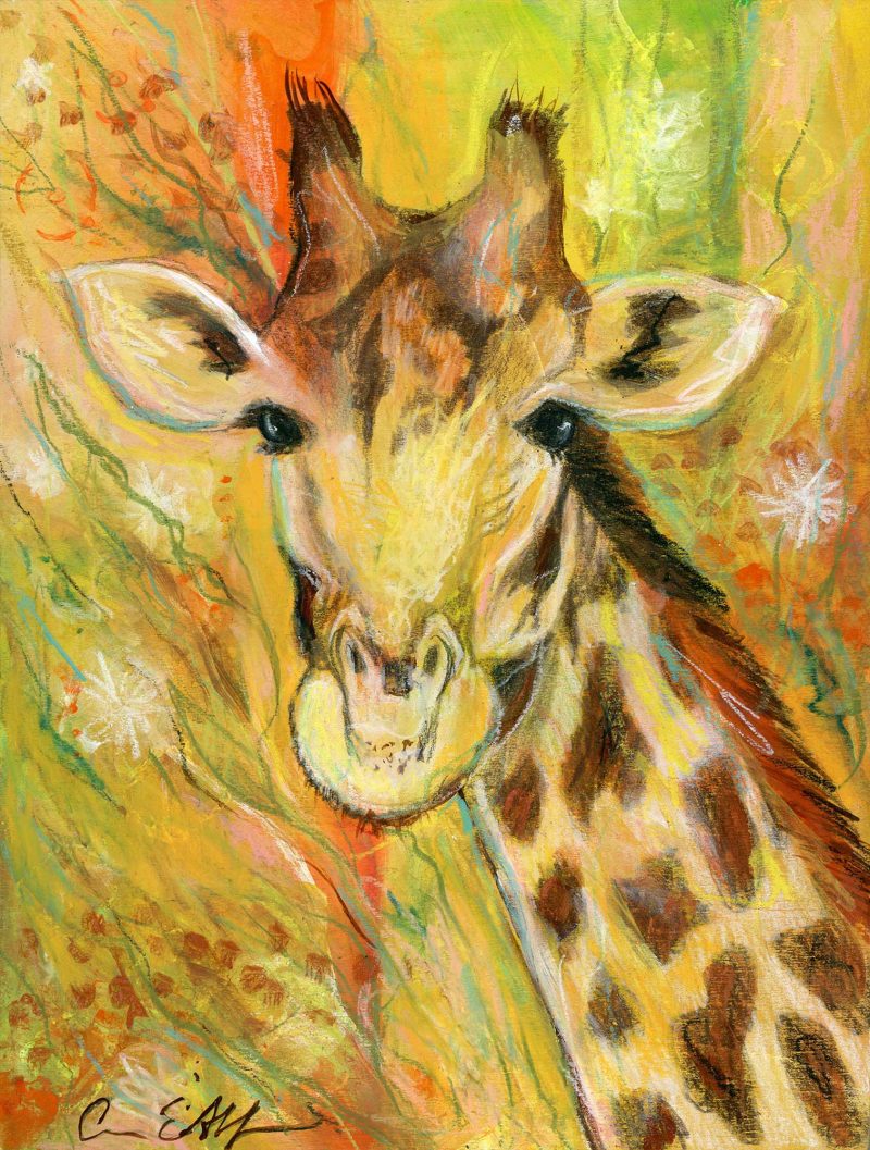 "Giraffe Wishes", 9" x 12", mixed media