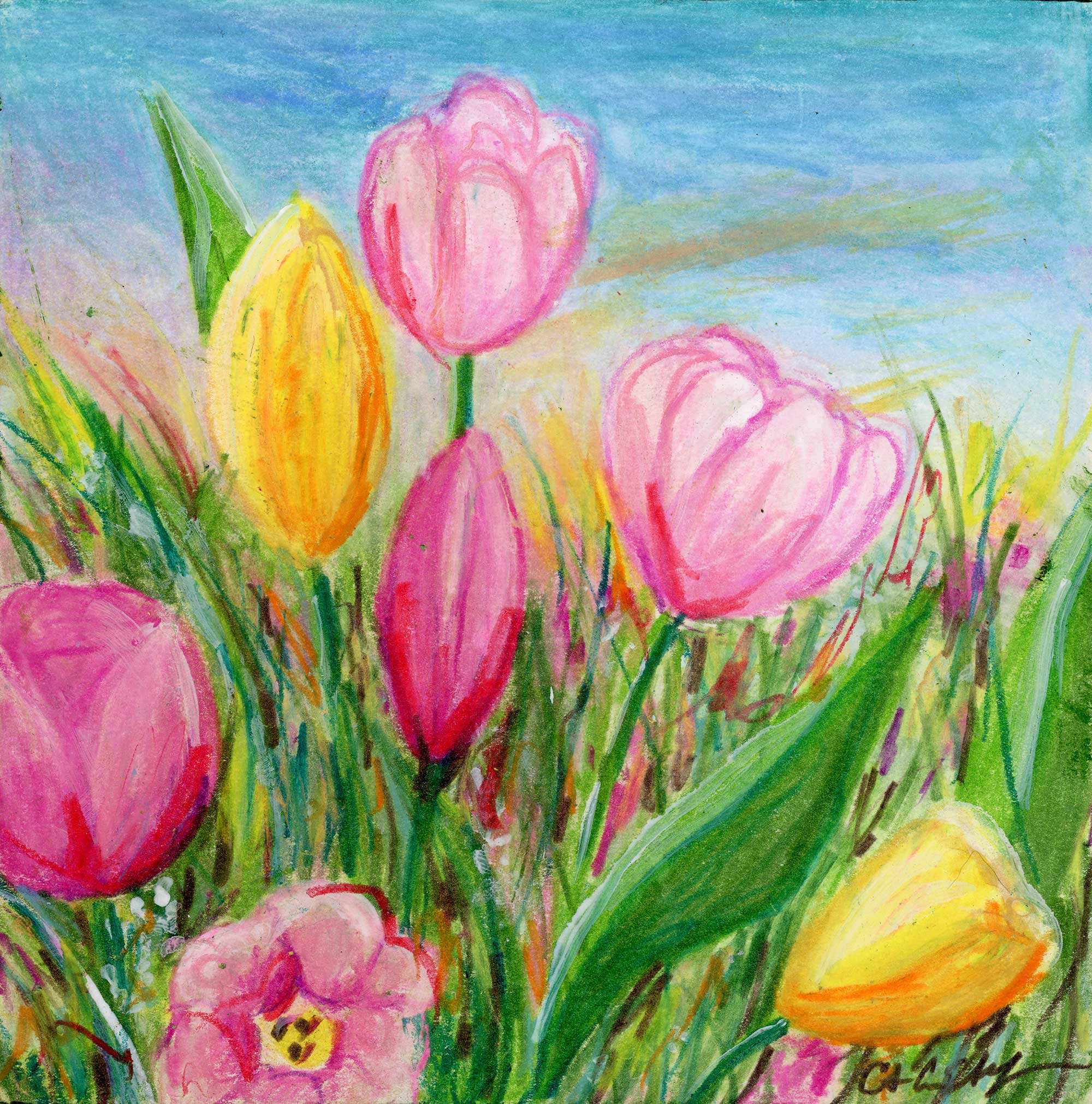 "Happy Tulips", 6" x 6", mixed media