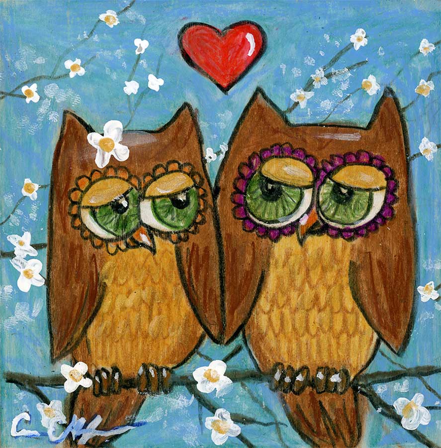 SOLD - "Love Owls", 4" x 4", mixed media