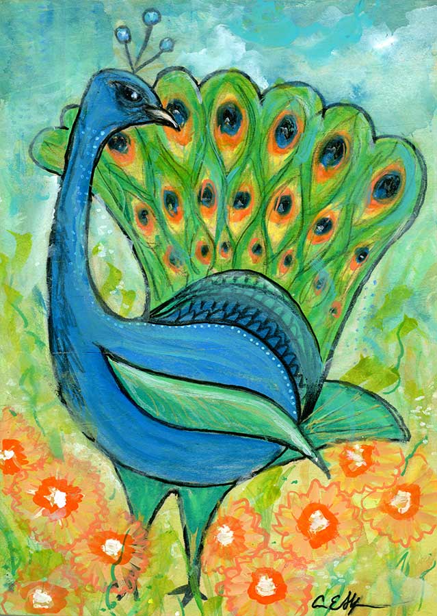 "Mod Peacock in Orange Flowers, 5" x 7", mixed media