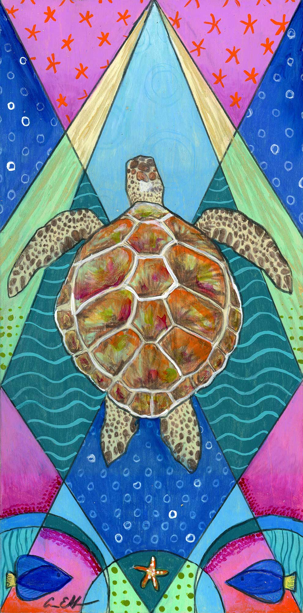 SOLD - "Mod Sea Turtle", 6" x 12", mixed media