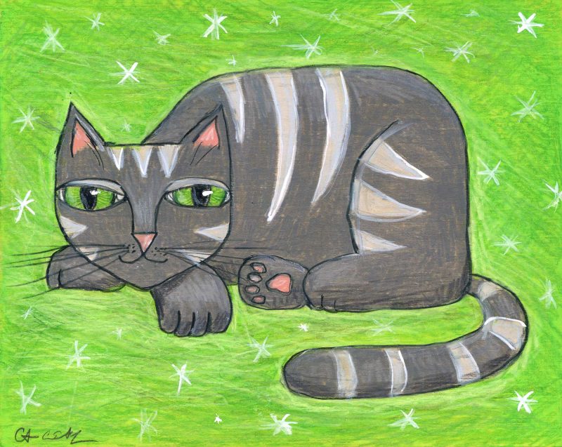SOLD - "Mod Cat on Green", 8" x 10", mixed media