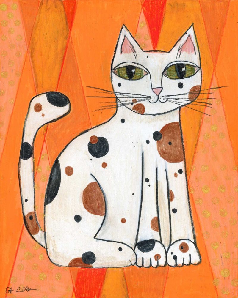 SOLD - "Mod Cat on Orange", 8" x 10", mixed media