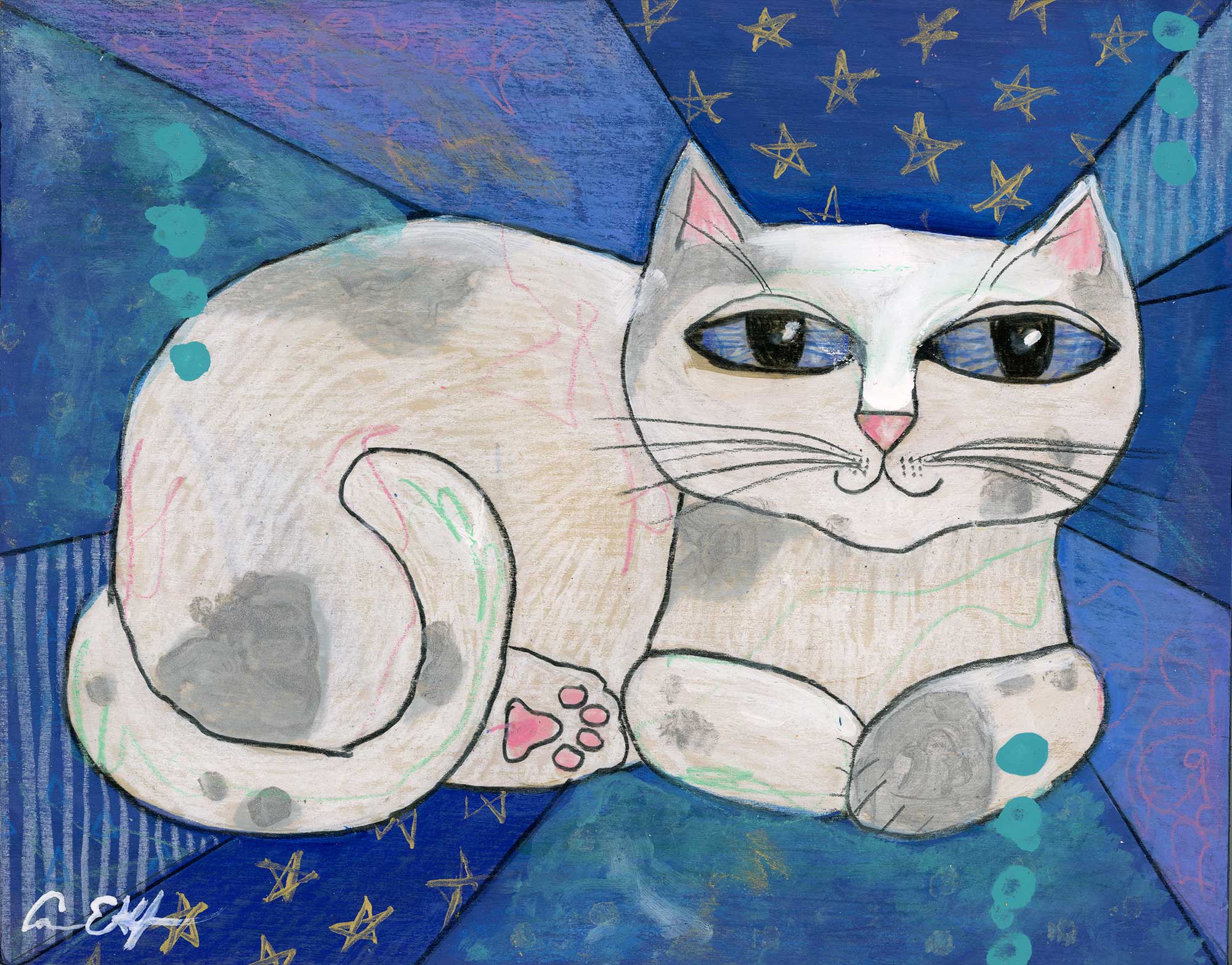 SOLD - "Mod Cat on Blue", 8" x 10", mixed media
