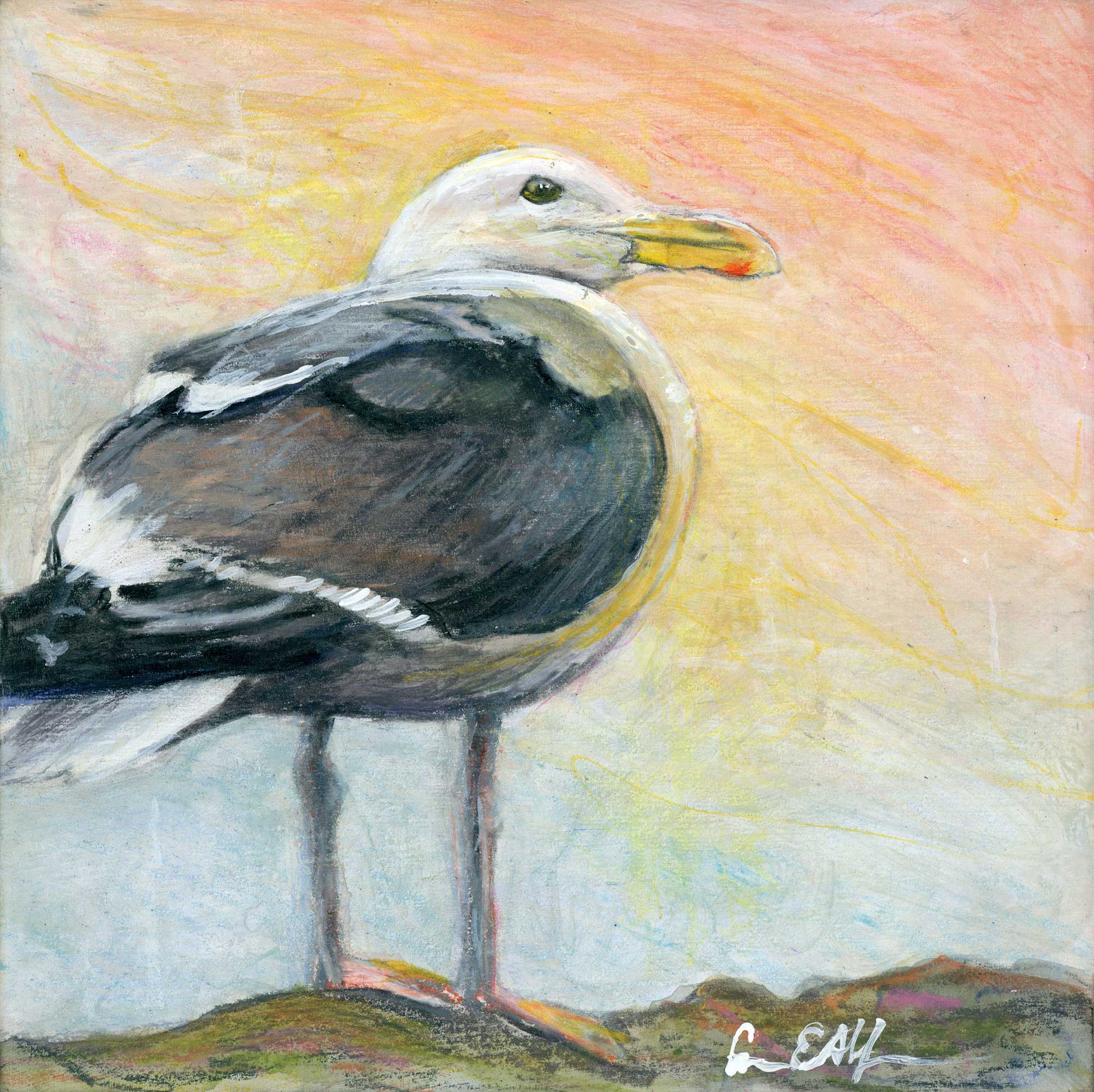 SOLD - "Morning Seagull", 6" x 6", mixed media