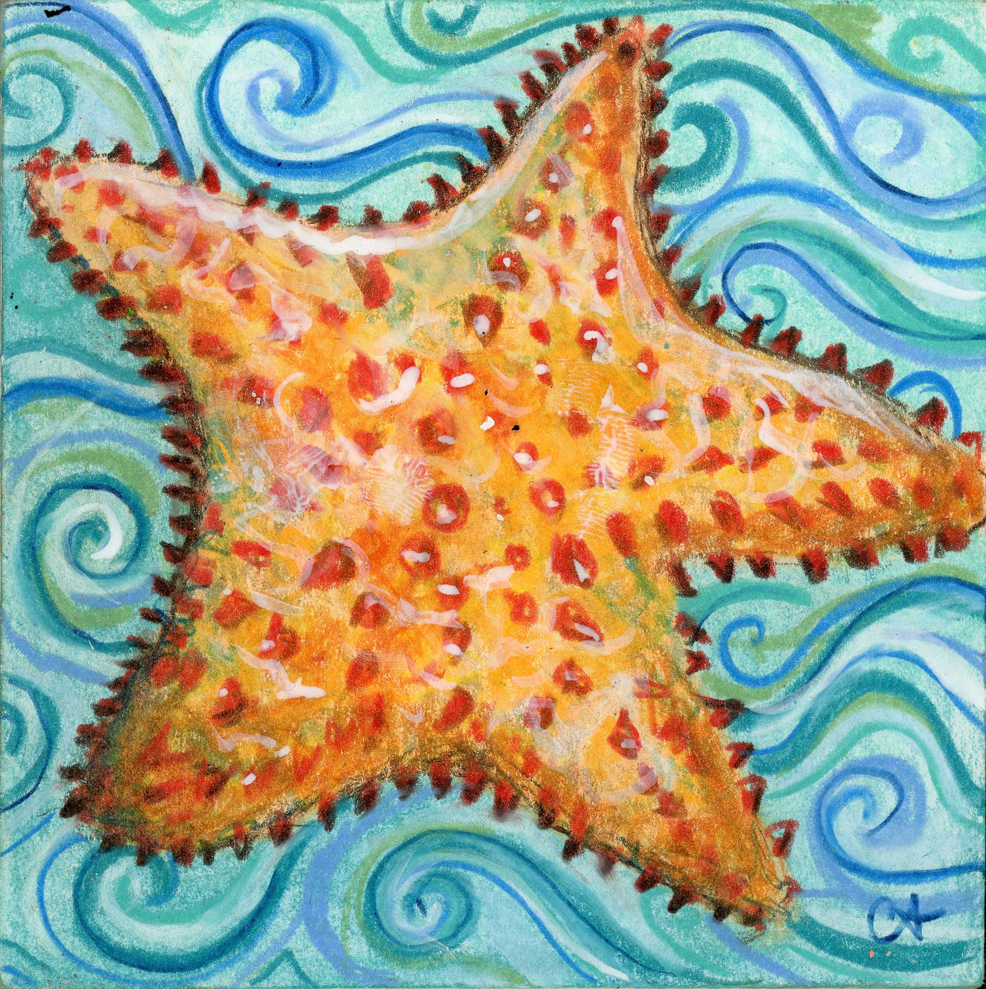SOLD - "Orange Sea Star", 6" x 6", mixed media