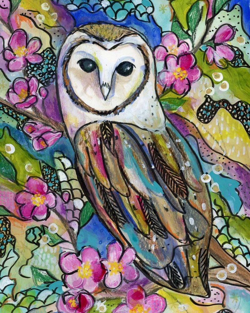Owl and Cherry Blossoms, 8" x 10", mixed media