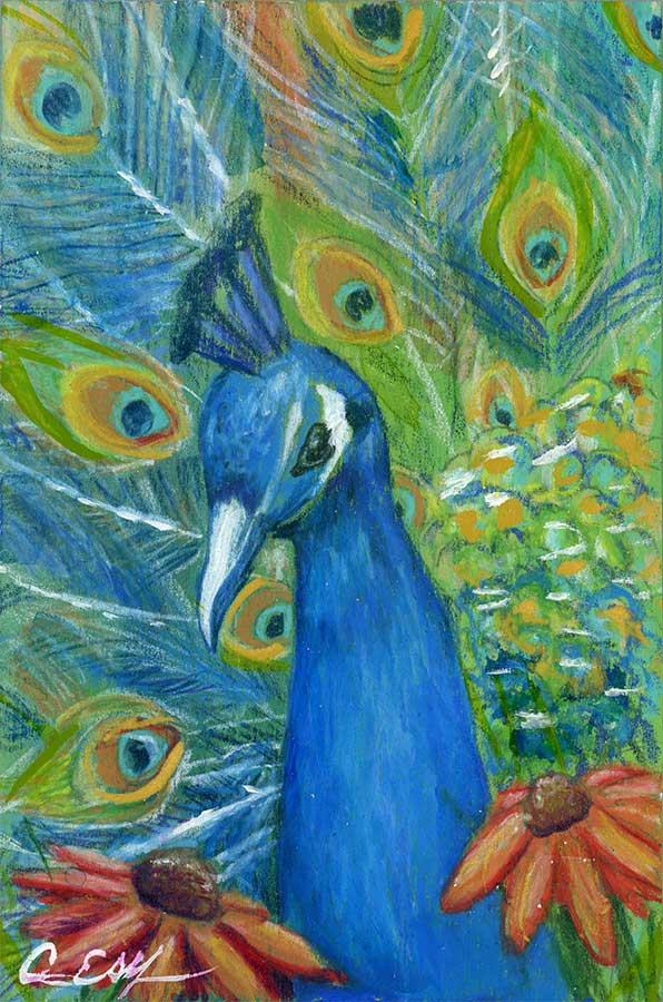 SOLD - "Peacock", 4" x 6", mixed media