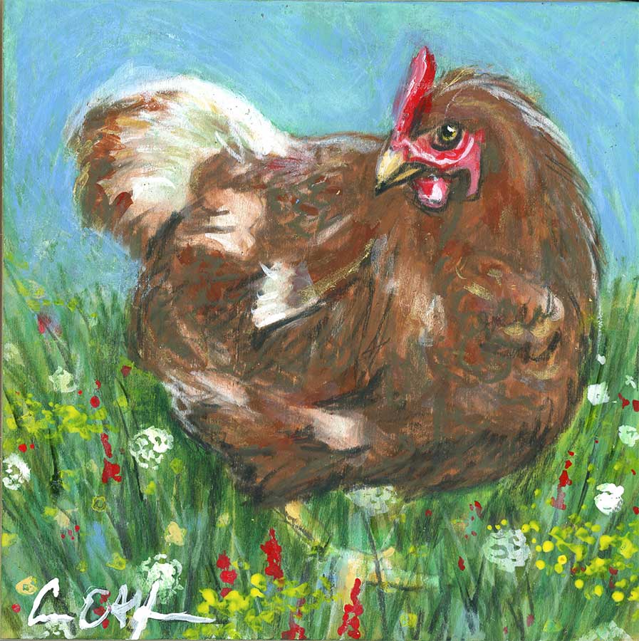 SOLD - "Pecking in the Flowers", 4" x 4", mixed media