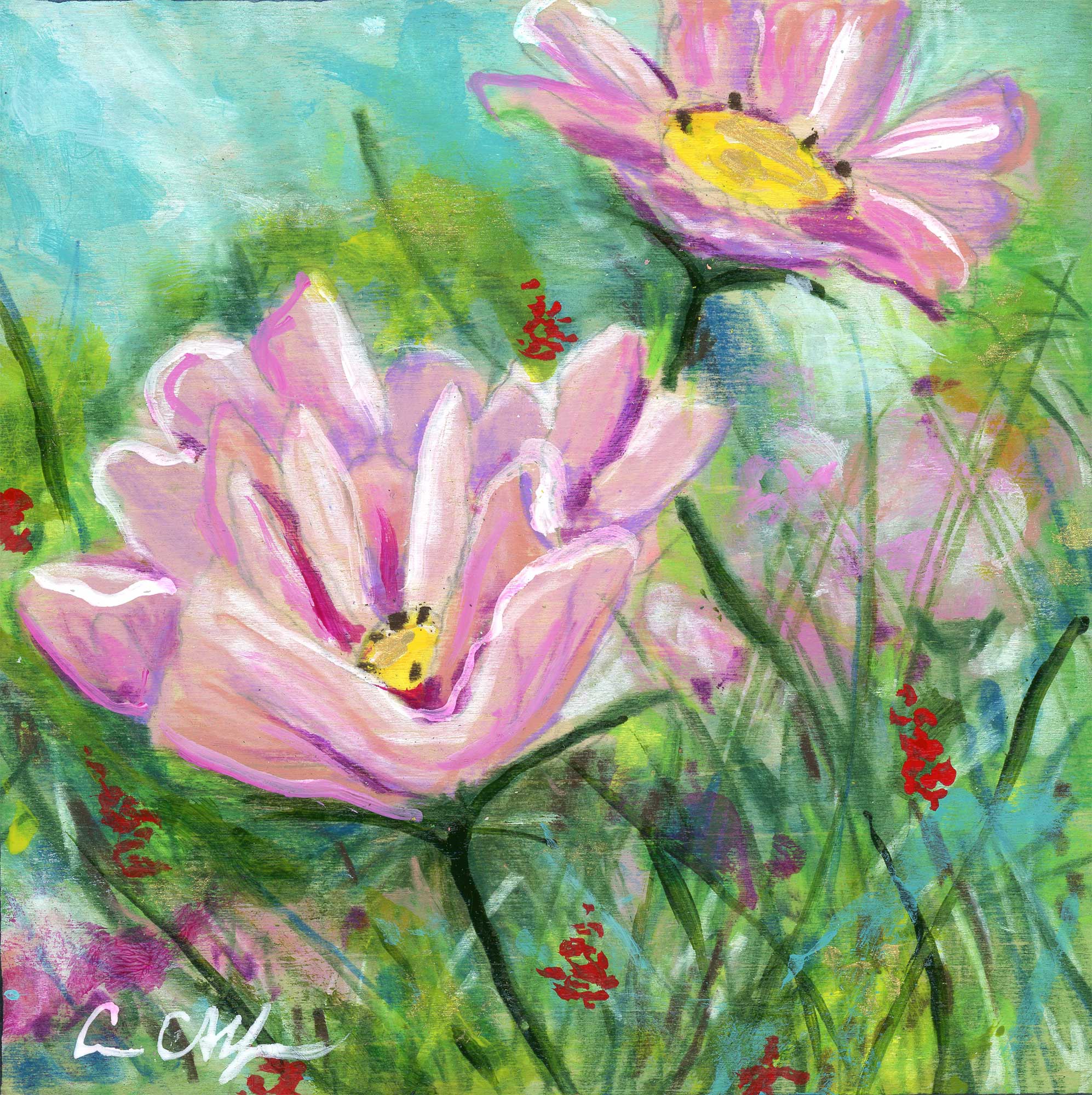 SOLD - "Pink Cosmos", 4" x 4", mixed media