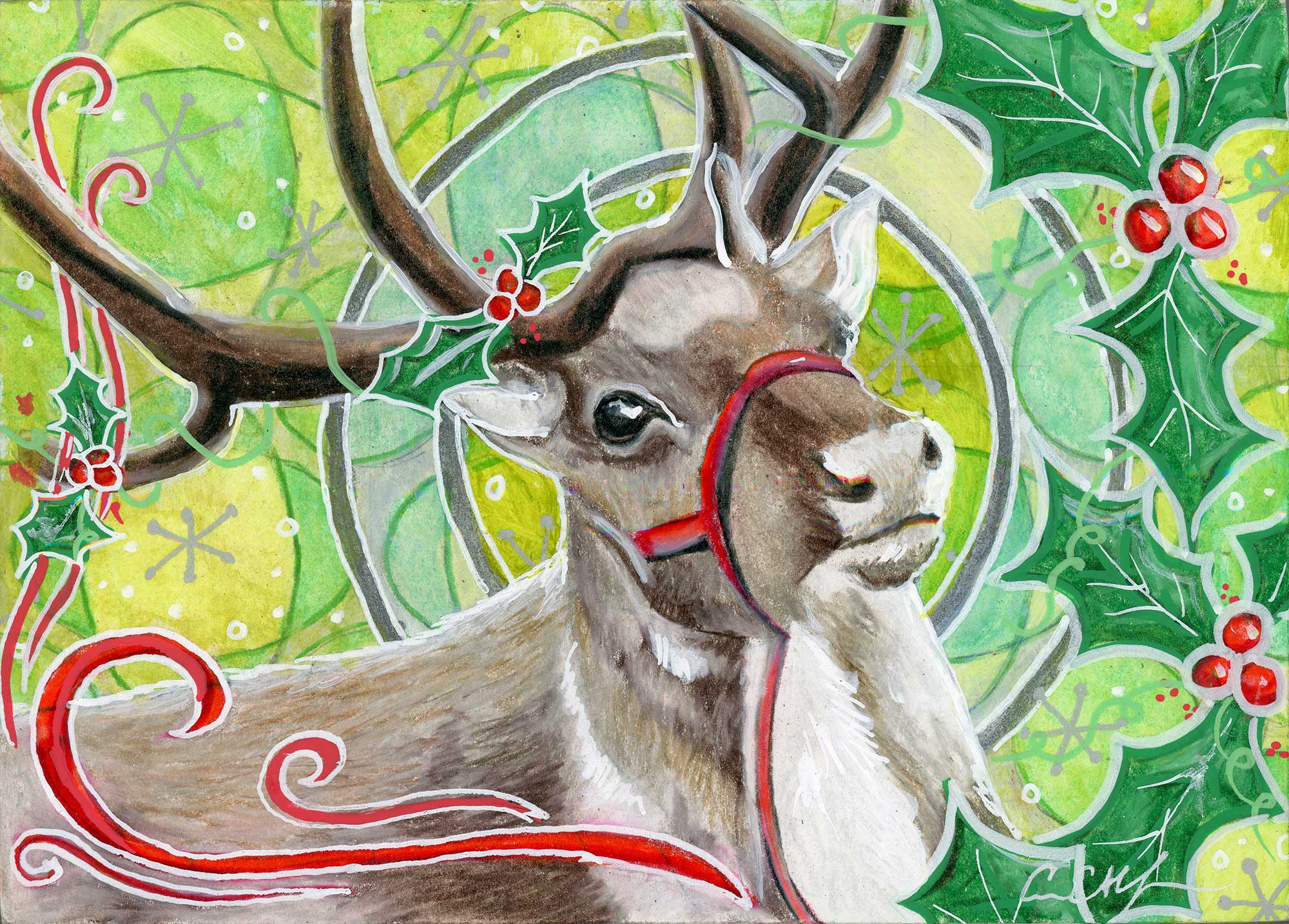 SOLD - "Reindeer and Holly", 7" x 7", mixed media