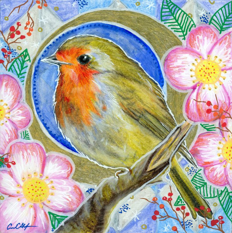 SOLD - "Robin Redbreast in Camellias", 6" x 6", mixed media