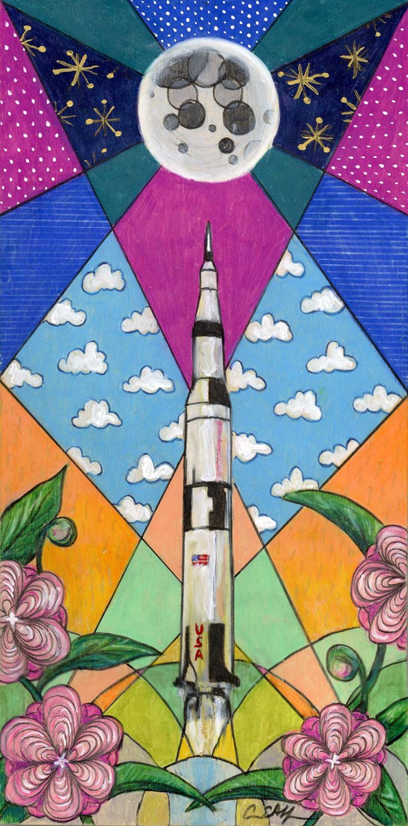 SOLD - "Saturn V and Camellias", 6" x 12", mixed media