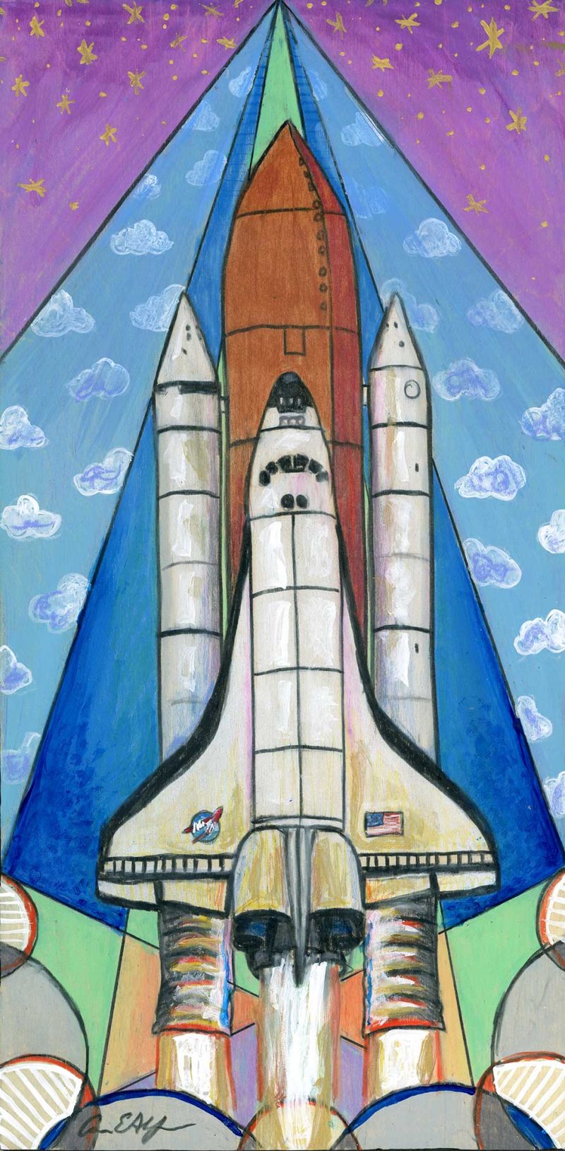 SOLD - "Space Shuttle #1", 6" x 12", mixed media