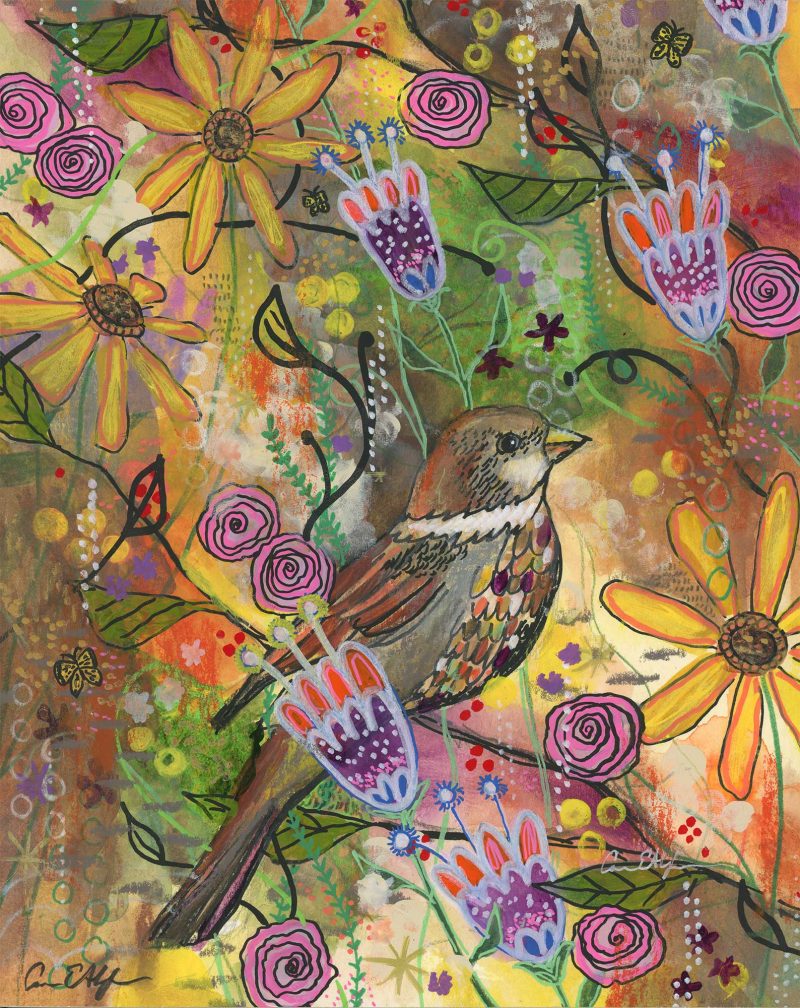 Sparrow's Garden, 8" x 10", mixed media