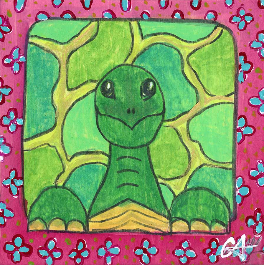 SOLD - "Squarimal: Turtle #1", 4" x 4", mixed media