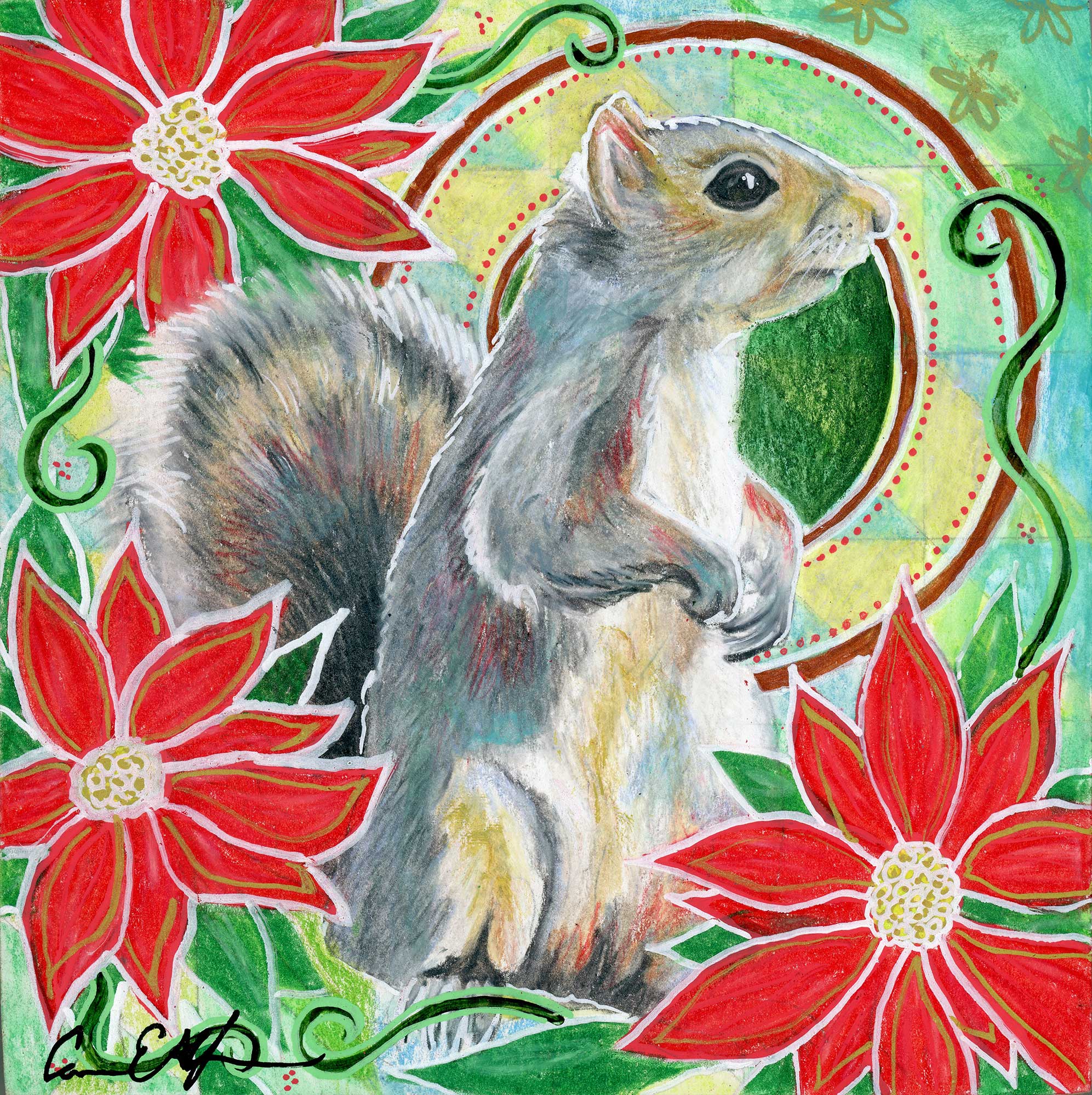 "Squirrel in Poinsettias", 6" x 6", mixed media