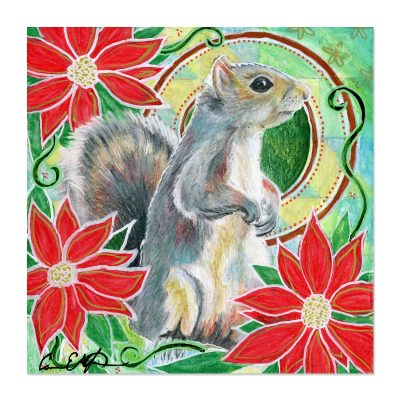 Squirrel in Poinsettias - Art Print