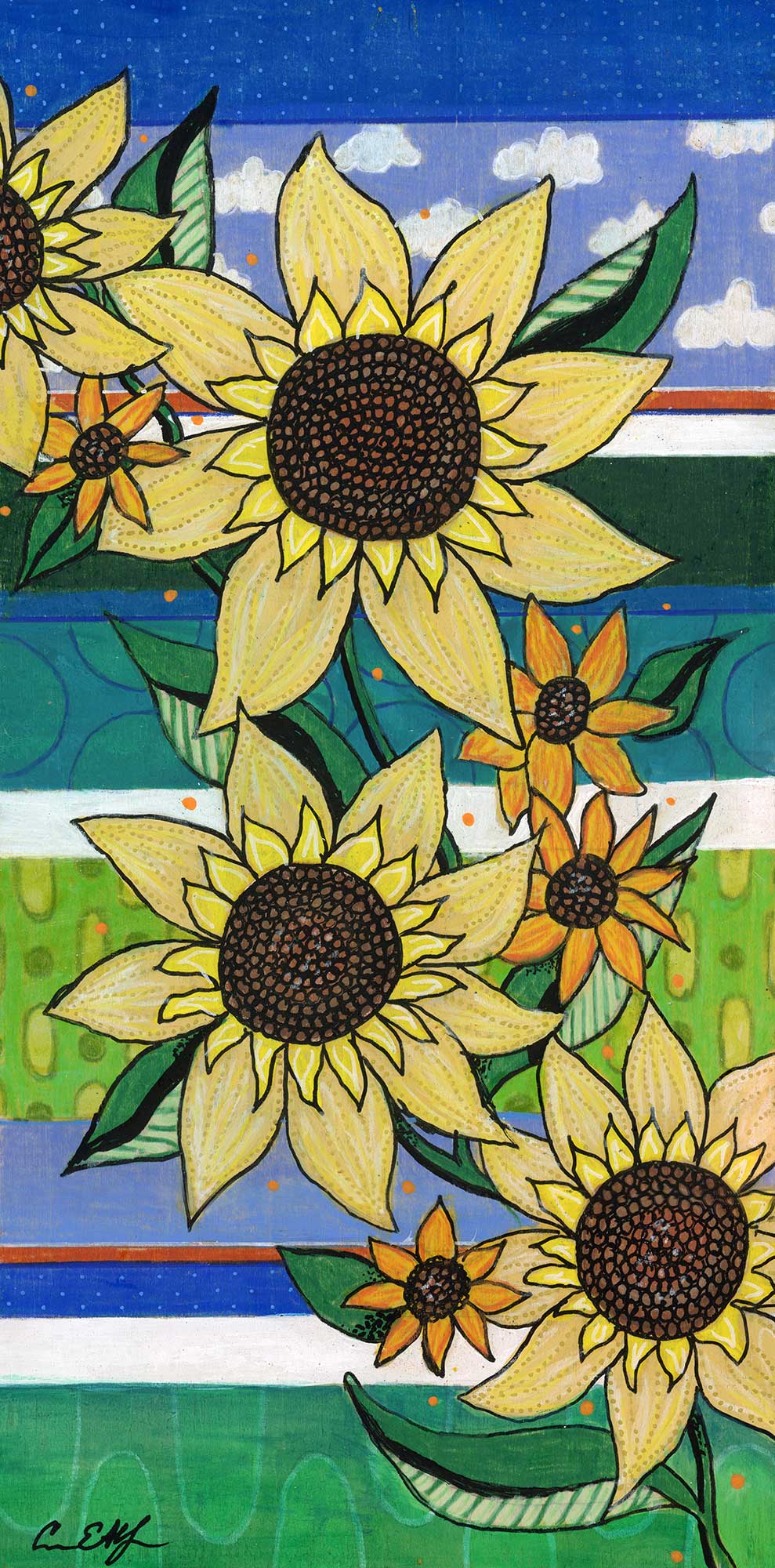 SOLD - Sunflowers, 6" x 12", mixed media