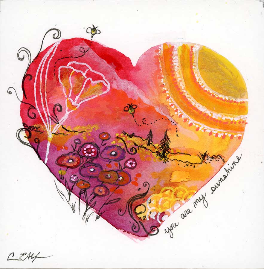 SOLD - You are my Sunshine Heart, 4" x 4", mixed media