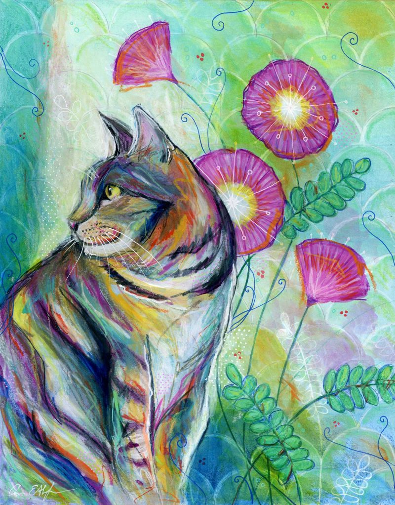 "Tabby Cat and Pink Flowers", 11" x 14", mixed media