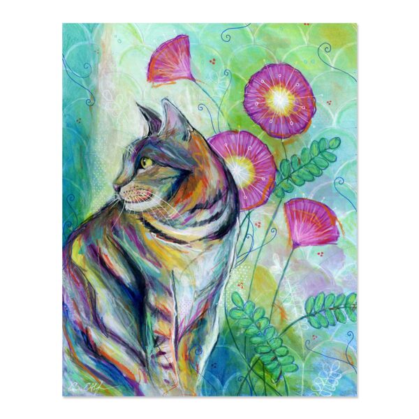 Tabby Cat and Pink Flowers - Art Print