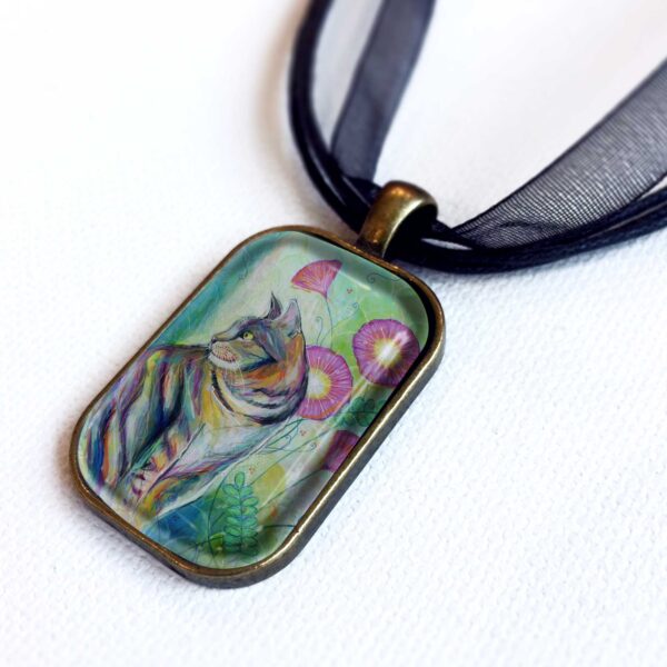 Tabby Cat and Pink Flowers - Pendant