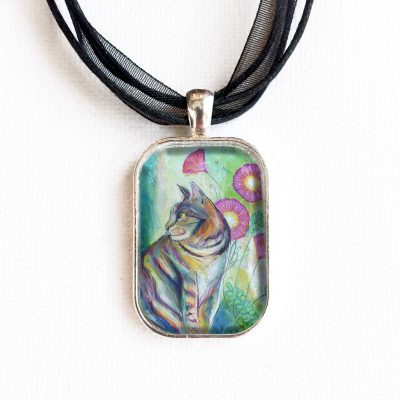 Tabby Cat and Pink Flowers - Pendant