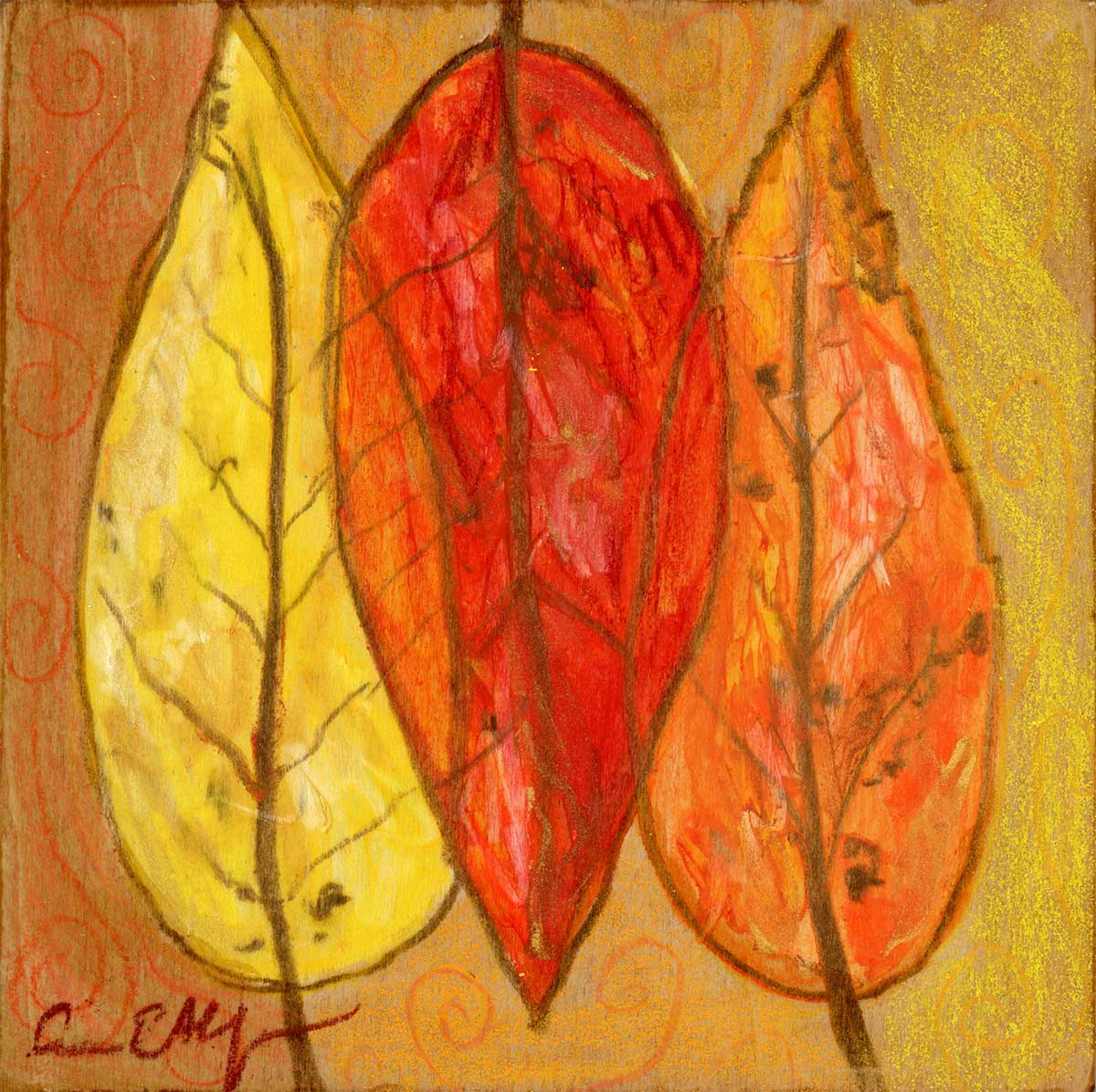 "Three Leaves", 4" x 4", mixed media